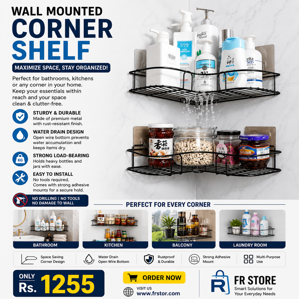 Shower, Bathtub, and Toilet Durable &amp; Rustproof Corner Storage Organizer